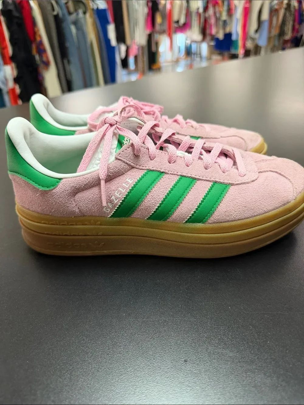 adidas Pink Suede Sneakers with Green Stripes and Gum Platform - Picture 5 of 10